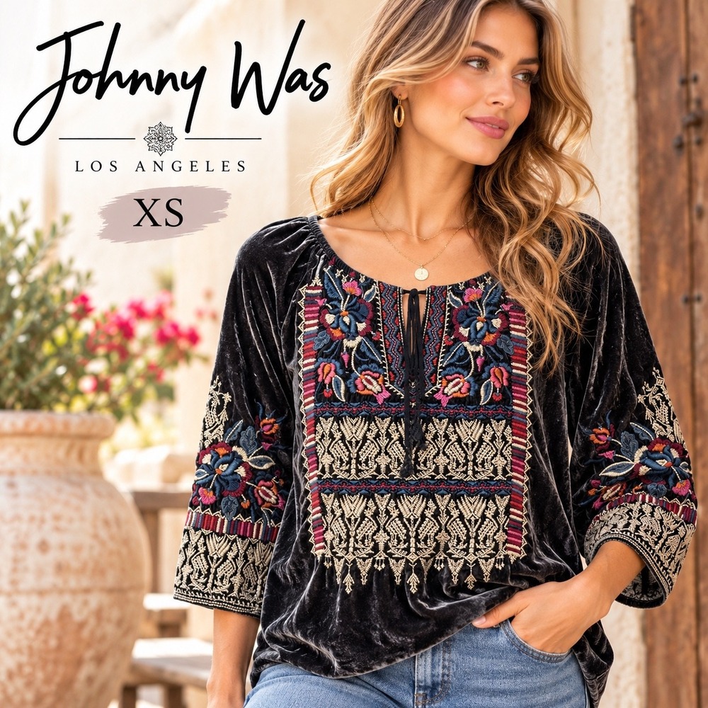 Johnny Was Claude Peasant Blouse Womens XS Gray Velvet Embroidered Silk Boho